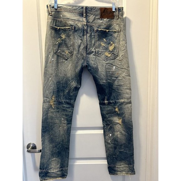 AKOO Mens Jeans  Slim Fit Blue‎ Denim Distressed Trust Nothing Patch  34W x 32L - Picture 4 of 9